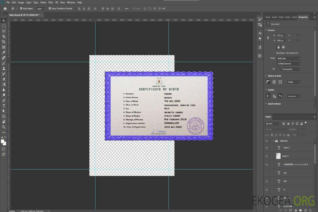 Modèle PSD d'acte de naissance d'état civil du Burkina Faso template